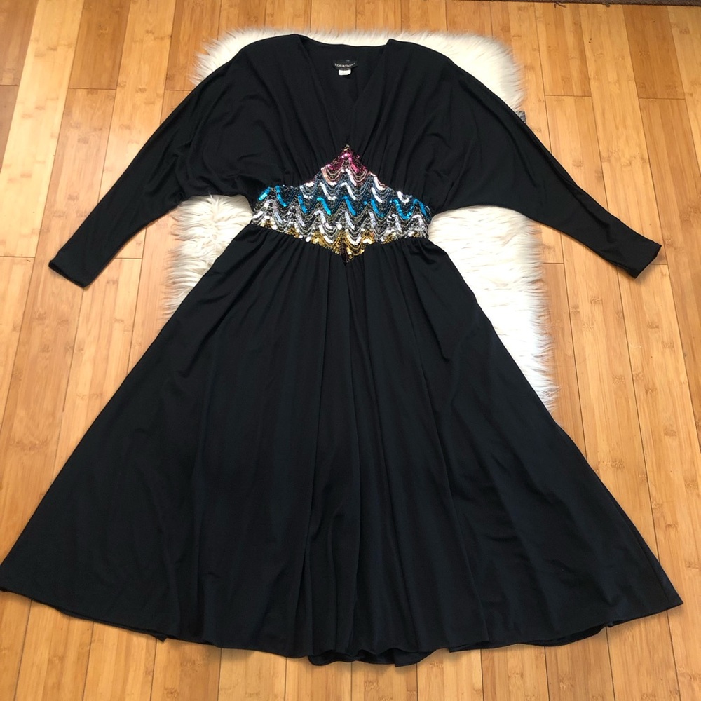 Vintage Equations Multicolor Sequins Domain Sleeves V-neck Black Midi Dress M